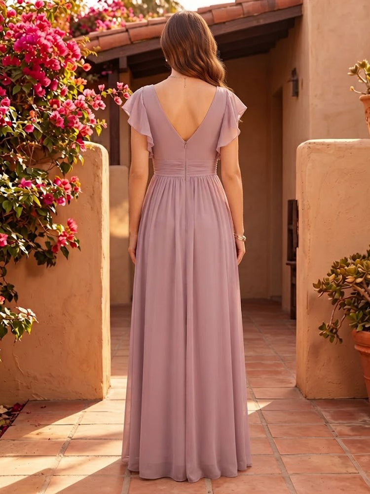 Chiffon A-Line V Neck Long Bridesmaid Dresses with Empire Waist