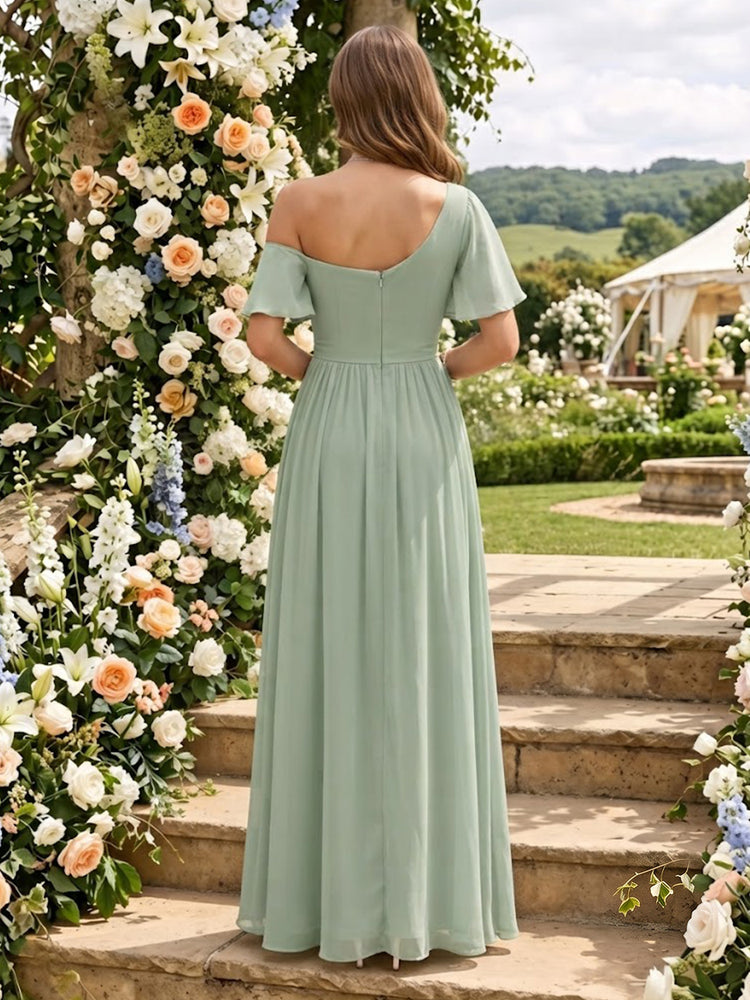 Chiffon A-Line One Shoulder Long Bridesmaid Dresses with Empire Waist
