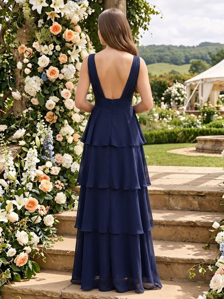 Chiffon A-Line V Neck Long Bridesmaid Dresses with Tiered