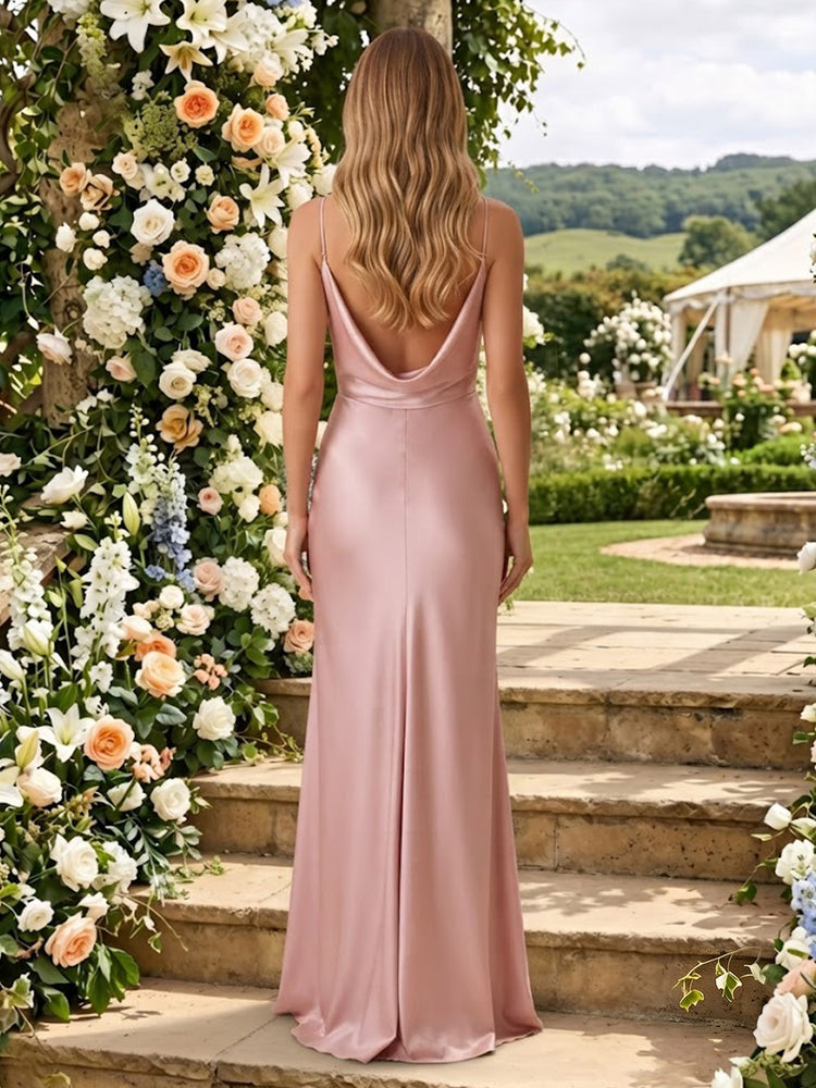 Satin Mermaid Cowl Neck Long Bridesmaid Dresses with Slit