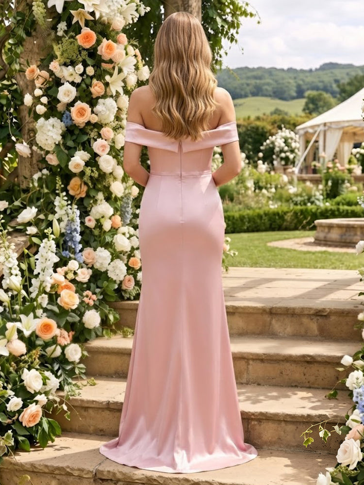 Satin Mermaid Off the Shoulder Long Bridesmaid Dresses with Pleated