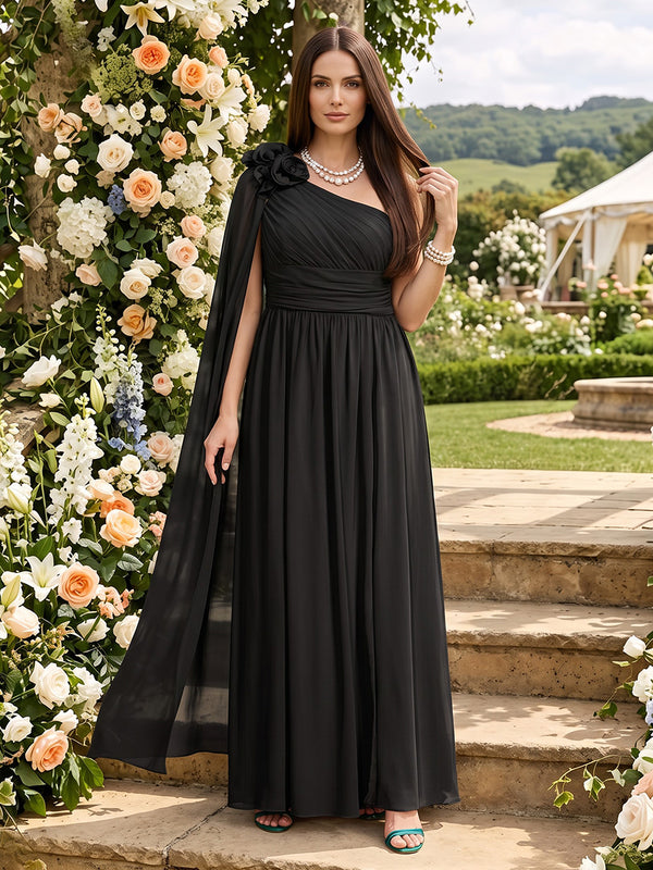 Chiffon A-Line One Shoulder Long Bridesmaid Dresses with 3D Flowers