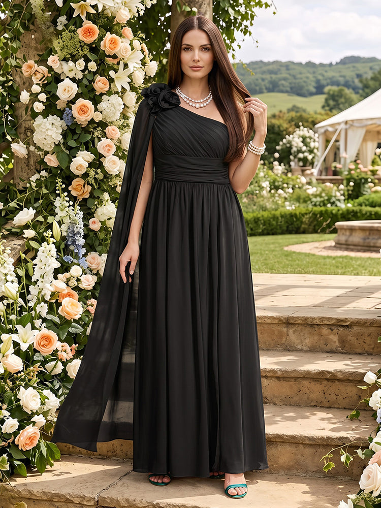 Chiffon A-Line One Shoulder Long Bridesmaid Dresses with 3D Flowers