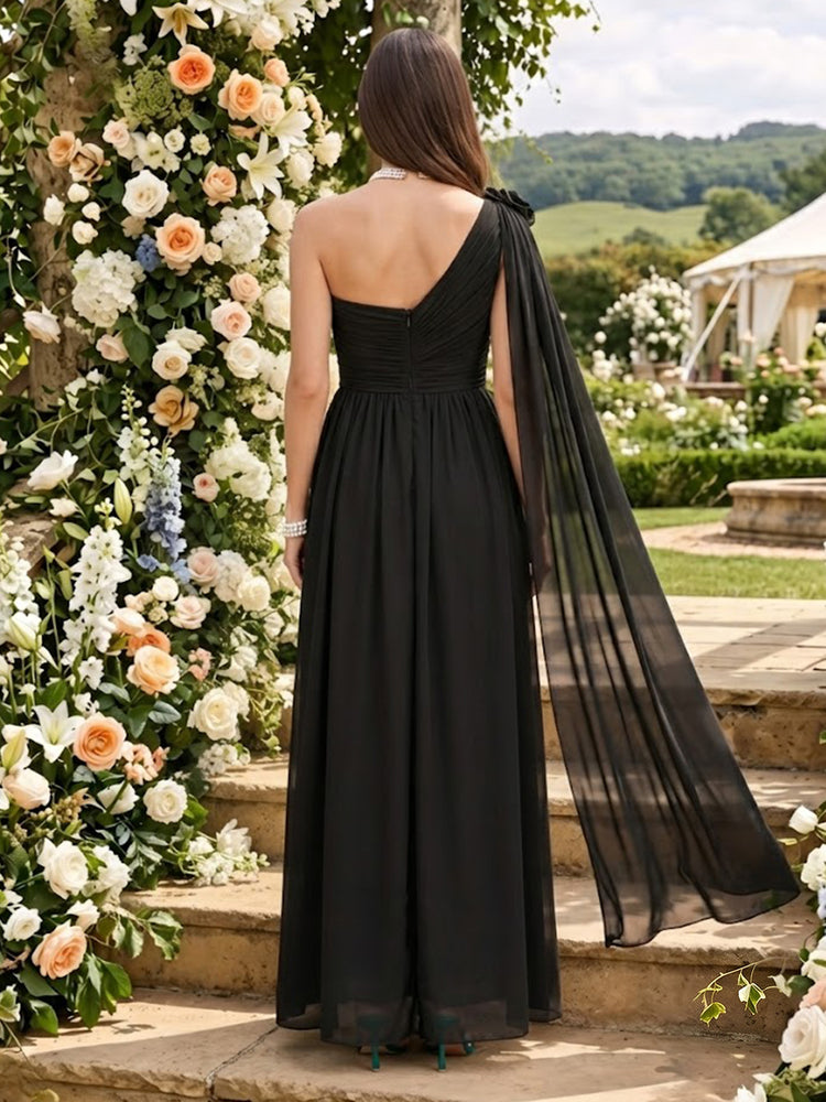 Chiffon A-Line One Shoulder Long Bridesmaid Dresses with 3D Flowers