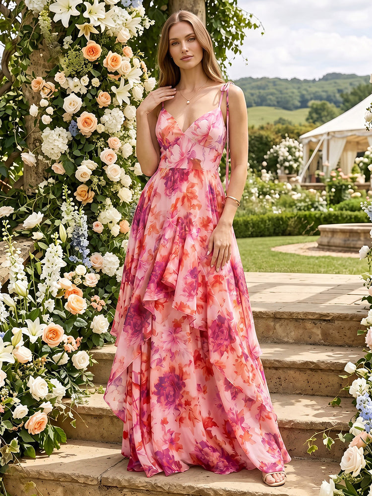 Chiffon Floral A-Line Spaghetti Straps Long Bridesmaid Dresses with Ruffles