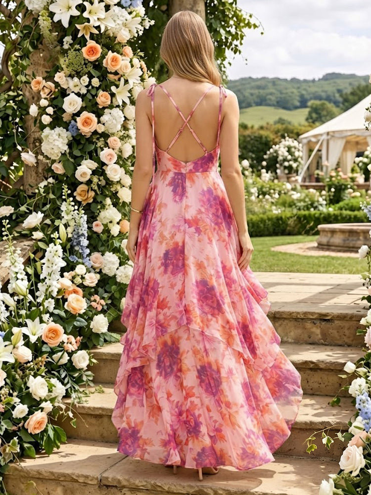 Chiffon Floral A-Line Spaghetti Straps Long Bridesmaid Dresses with Ruffles