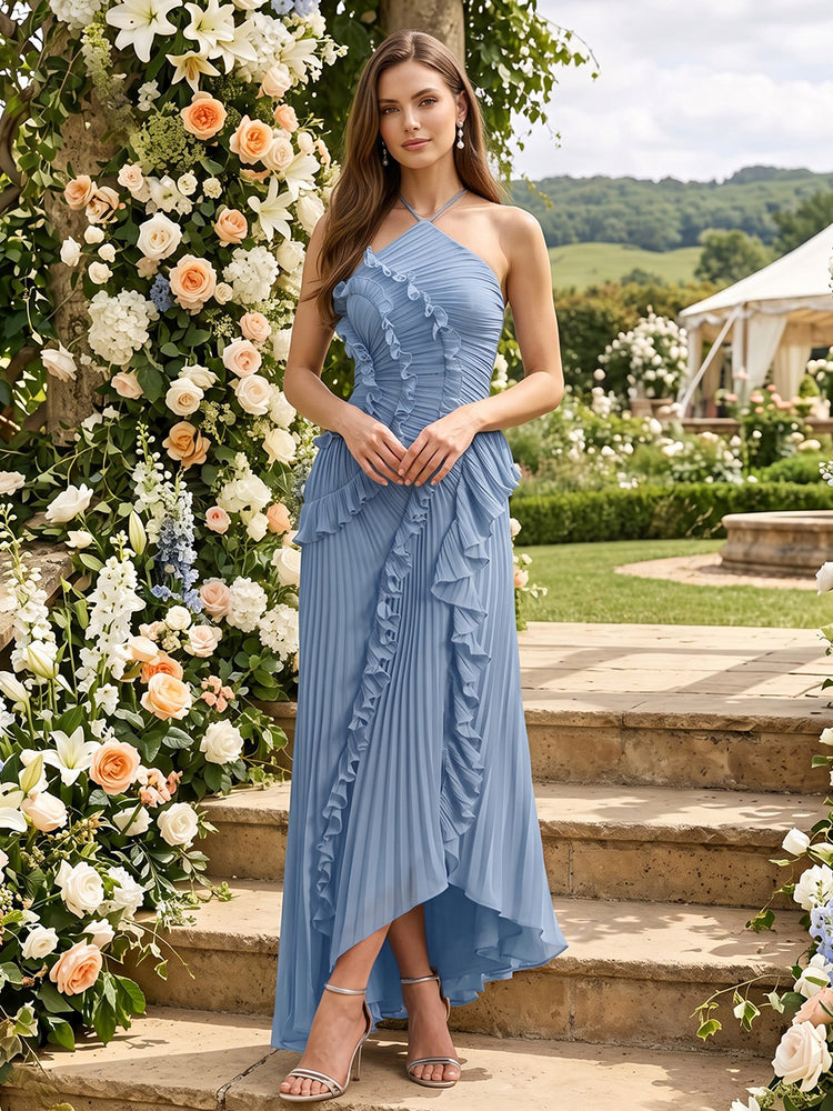 Chiffon Mermaid Halter Long Bridesmaid Dresses with Ruffles