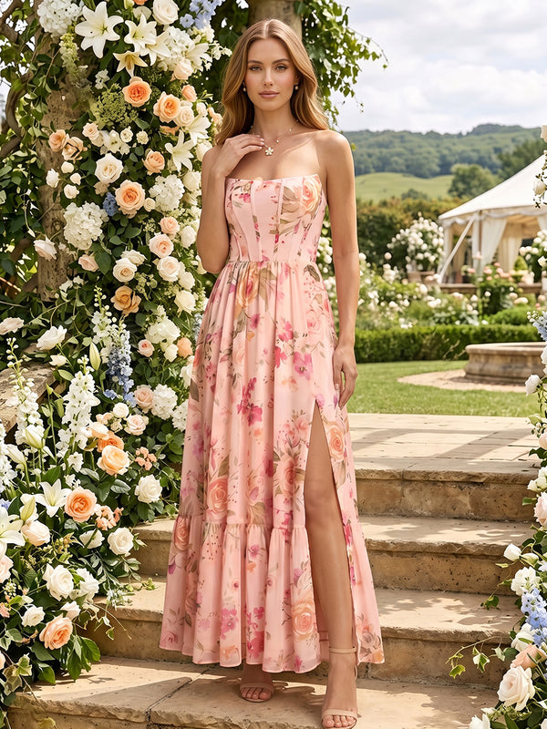 Chiffon Floral A-Line Strapless Long Bridesmaid Dresses with Slit