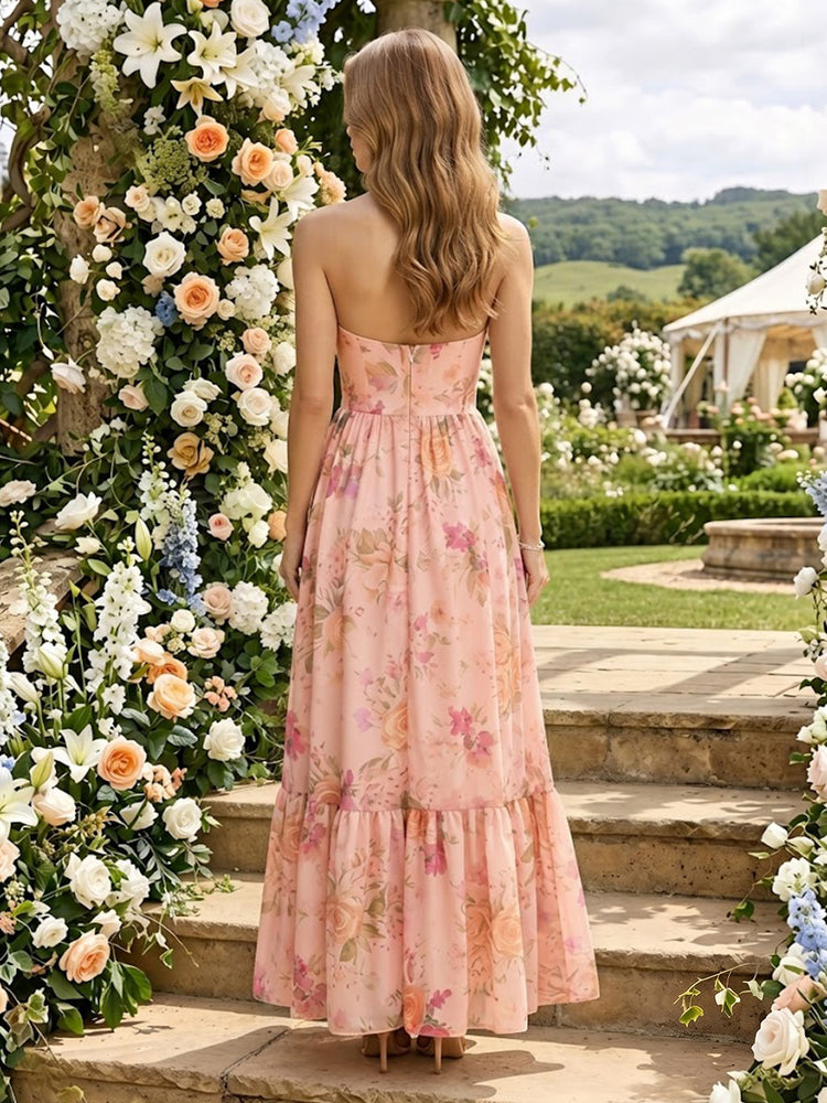 Chiffon Floral A-Line Strapless Long Bridesmaid Dresses with Slit