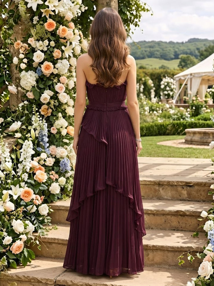 Chiffon A-Line Strapless Long Bridesmaid Dresses with Ruffles