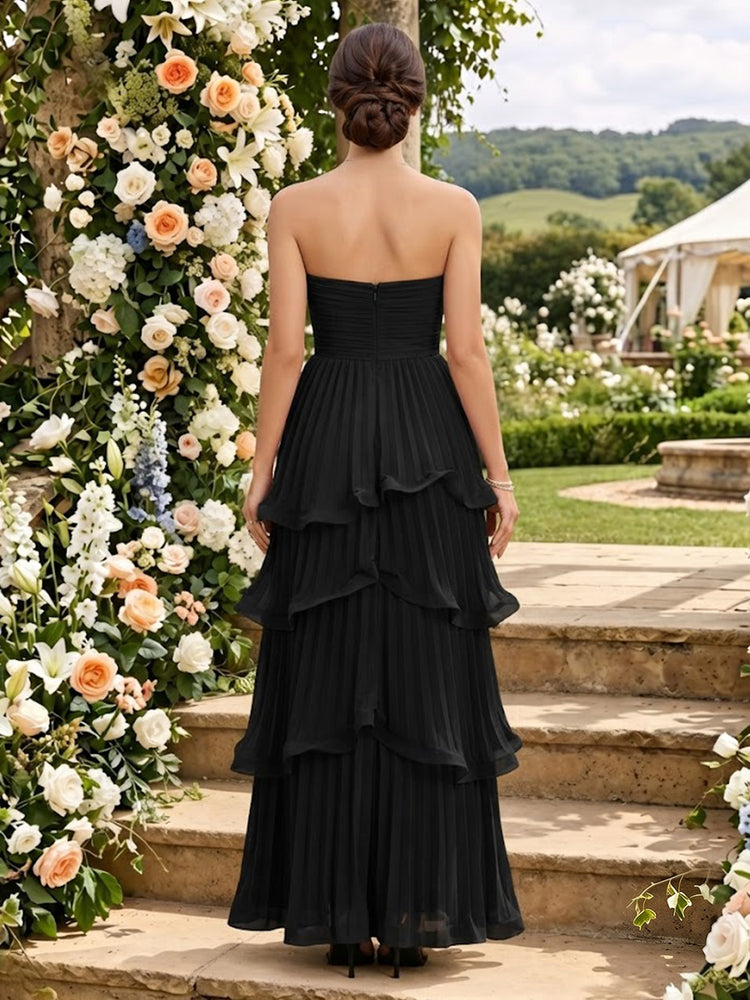 Chiffon A-Line Strapless Long Bridesmaid Dresses with Ruffles