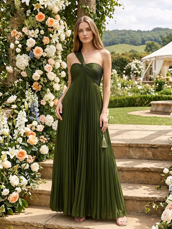 Satin A-Line One Shoulder Long Bridesmaid Dresses with Pleated