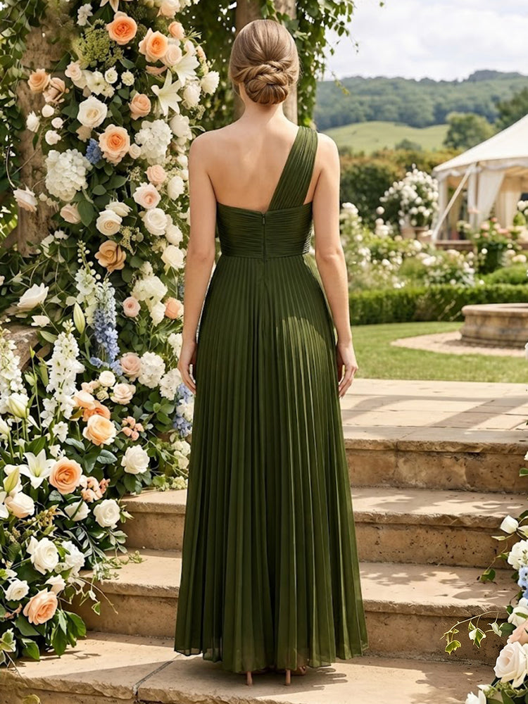 Satin A-Line One Shoulder Long Bridesmaid Dresses with Pleated
