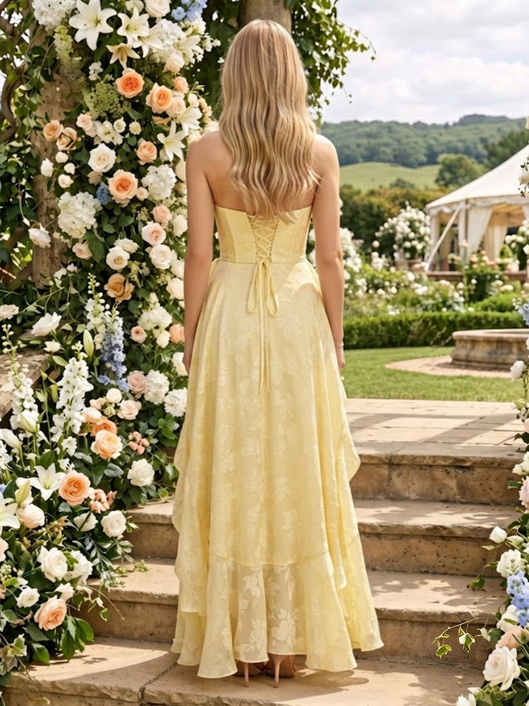 Jacquard A-Line Strapless Long Bridesmaid Dresses with Ruffles
