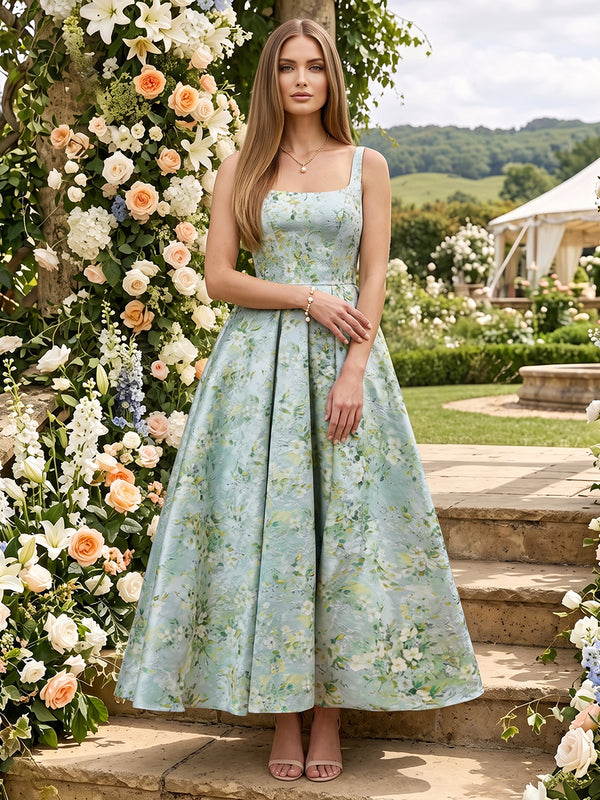 Floral A-Line Square Neck Long Bridesmaid Dresses with Pleated