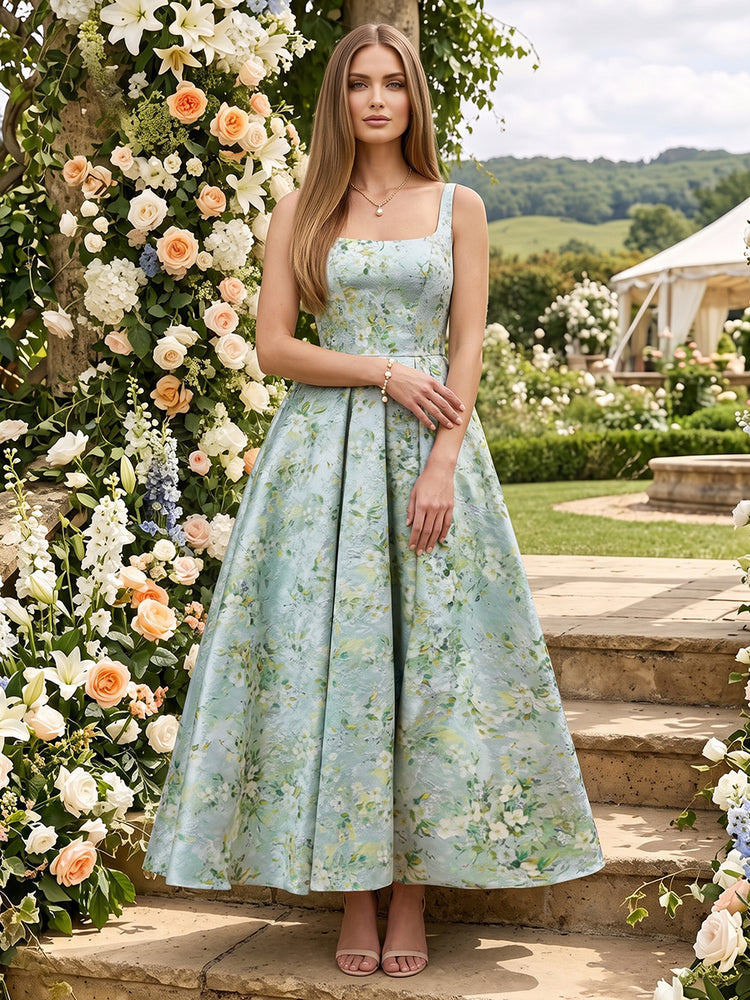 Floral A-Line Square Neck Long Bridesmaid Dresses with Pleated