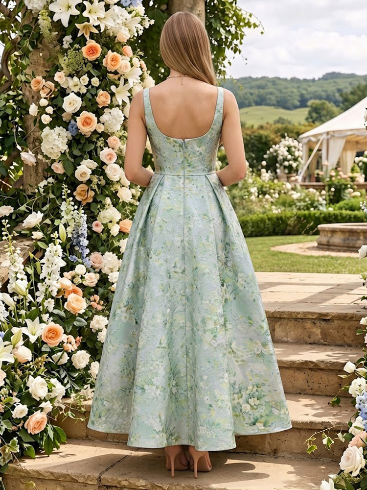 Floral A-Line Square Neck Long Bridesmaid Dresses with Pleated