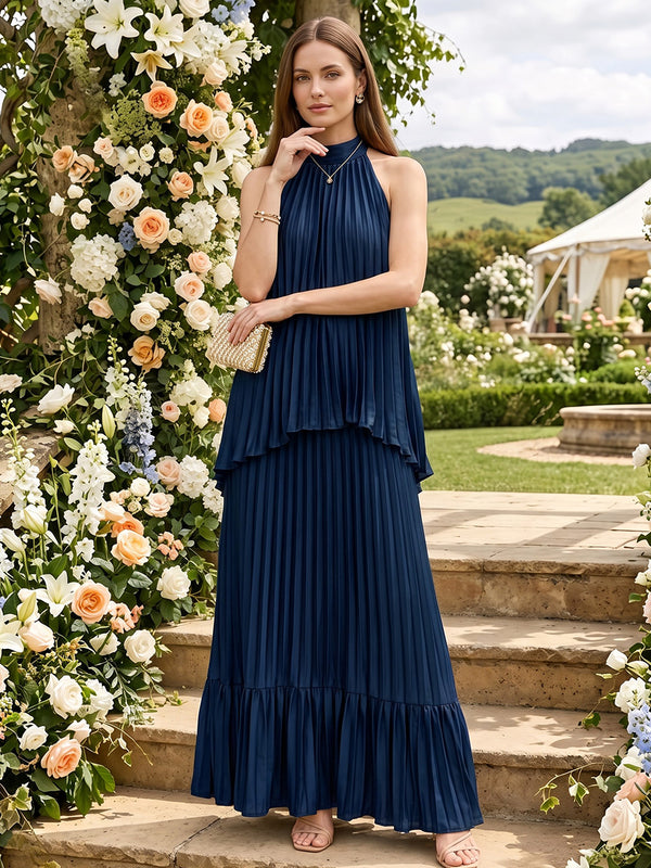 Chiffon A-Line Halter Long Bridesmaid Dresses with Pleated