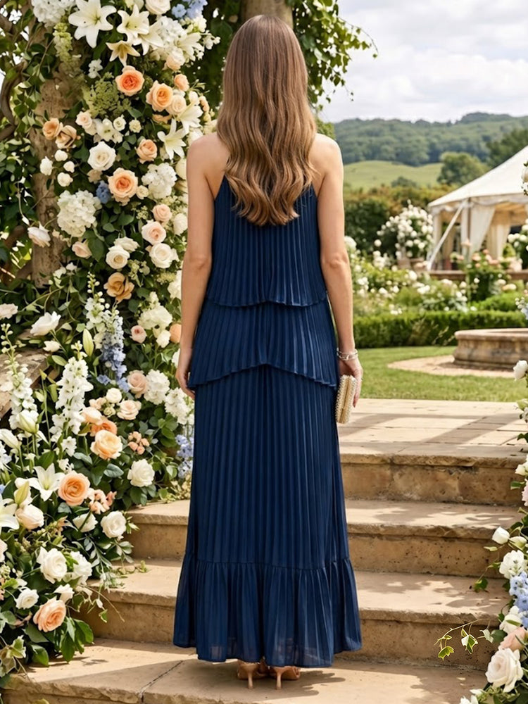 Chiffon A-Line Halter Long Bridesmaid Dresses with Pleated