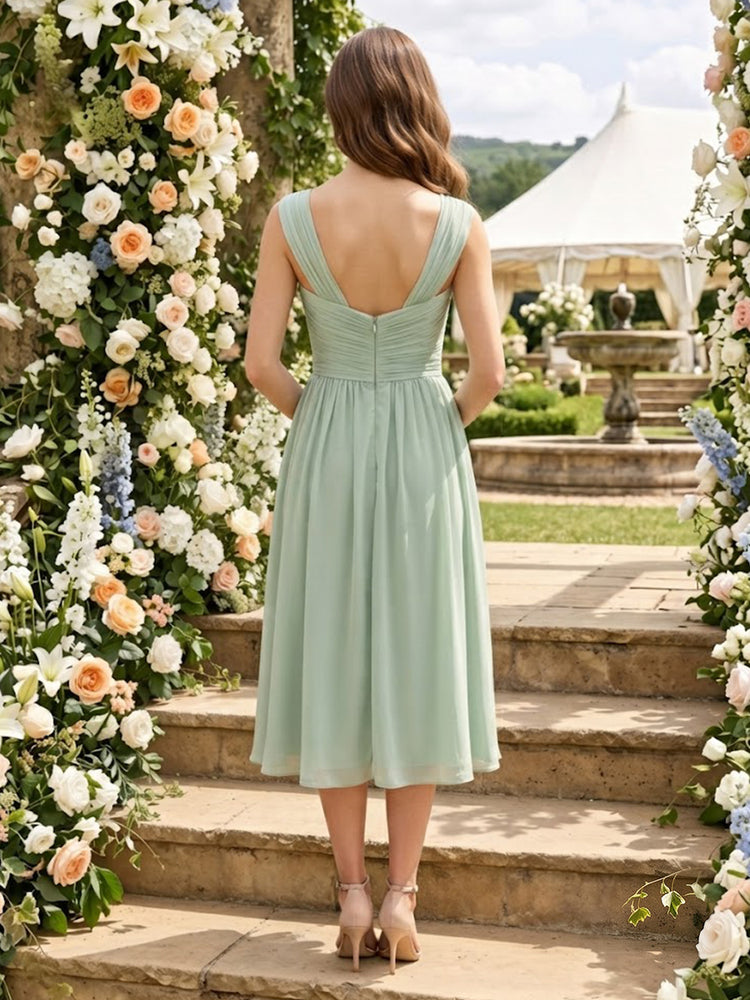 Satin A-Line Spaghetti Straps Midi Bridesmaid Dresses with Pleated