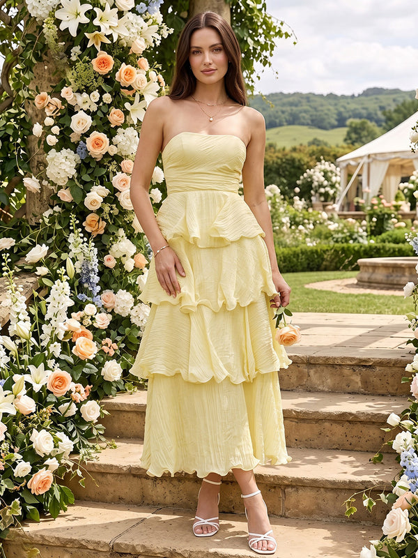 Chiffon A-Line Strapless Long Bridesmaid Dresses with Tiered