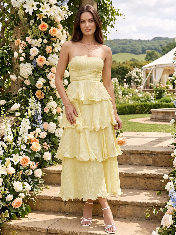 Chiffon A-Line Strapless Long Bridesmaid Dresses with Tiered