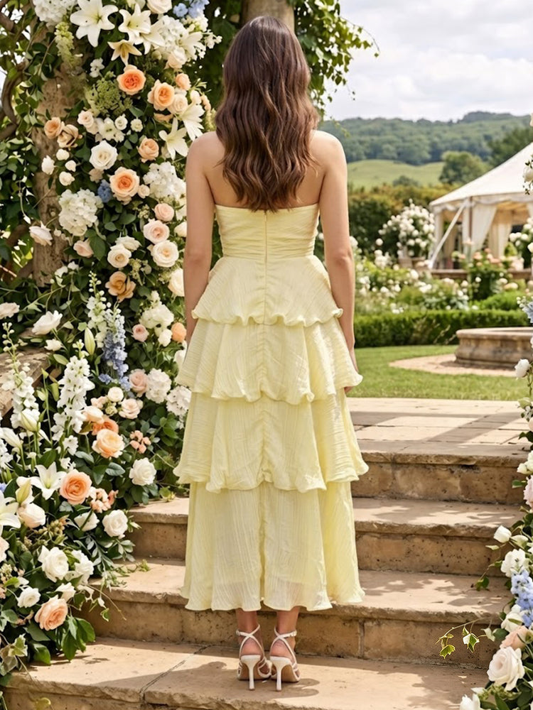 Chiffon A-Line Strapless Long Bridesmaid Dresses with Tiered