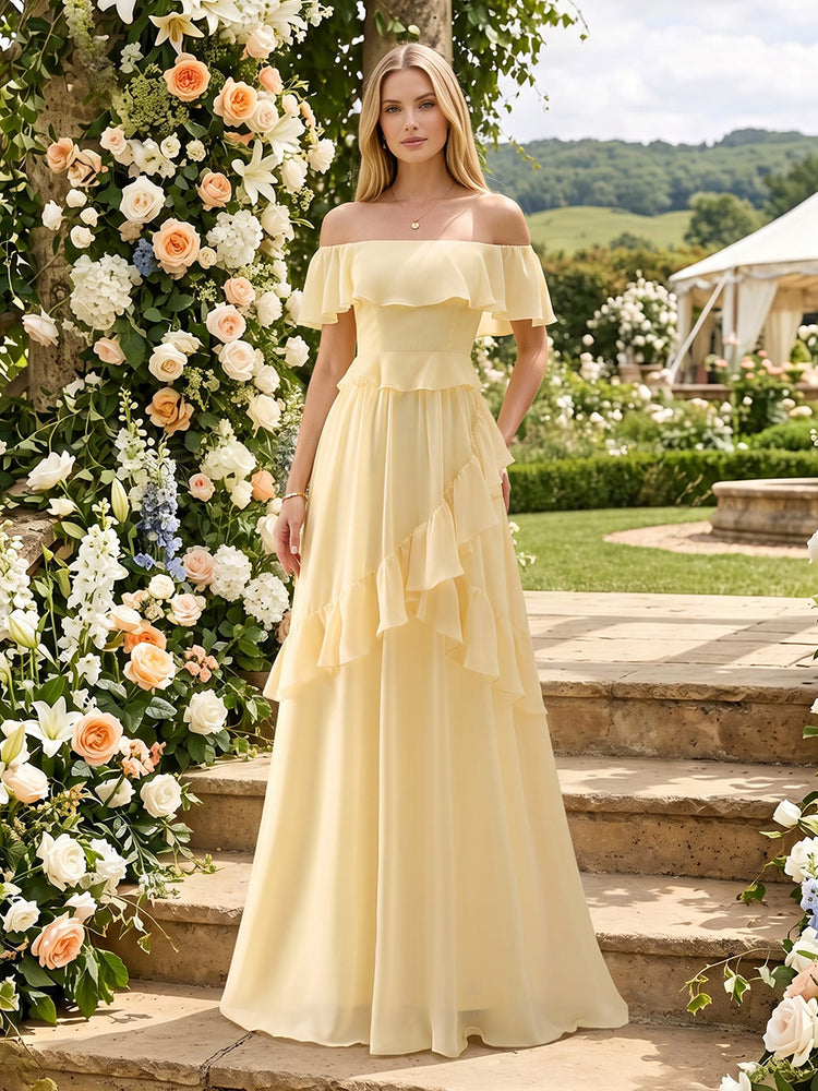 Chiffon A-Line Off the Shoulder Long Bridesmaid Dresses with Ruffles