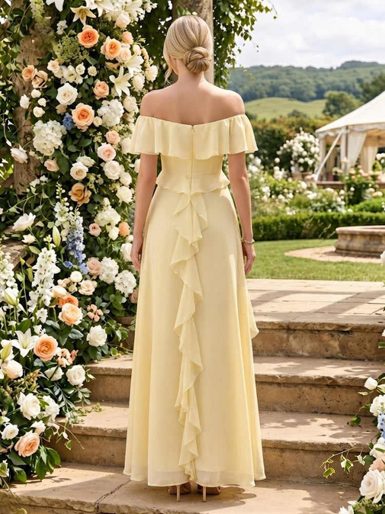 Chiffon A-Line Off the Shoulder Long Bridesmaid Dresses with Ruffles