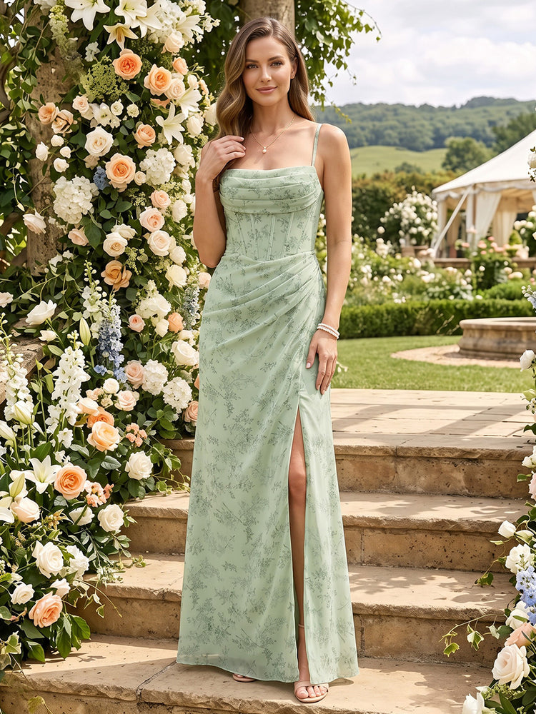 Chiffon Floral Mermaid Square Neck Long Bridesmaid Dresses with Corset