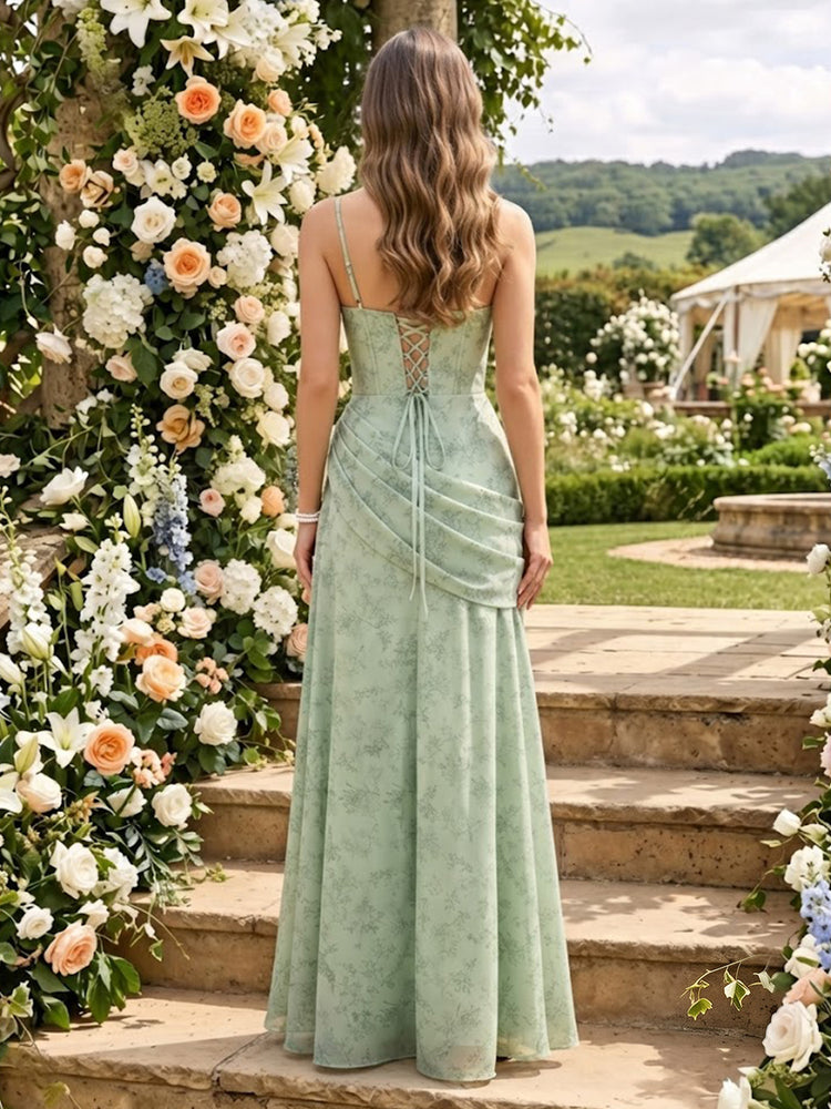 Chiffon Floral Mermaid Square Neck Long Bridesmaid Dresses with Corset