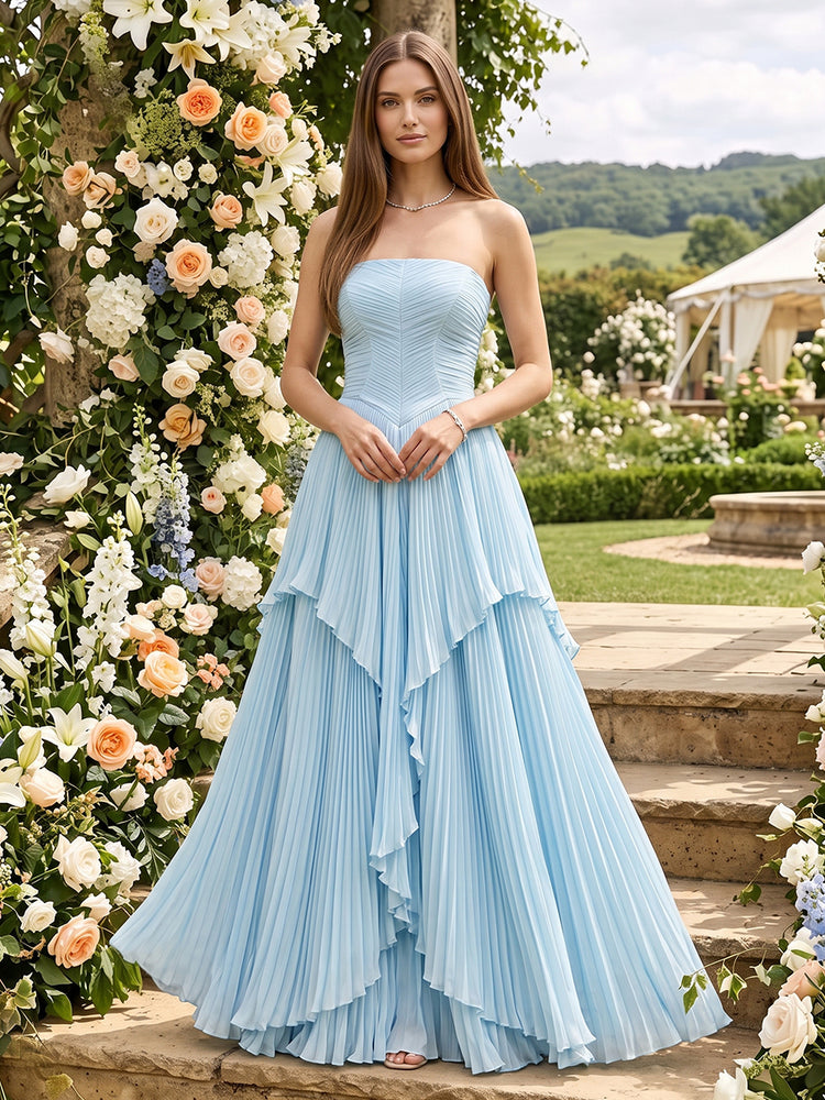 Chiffon A-Line Strapless Long Bridesmaid Dresses with Pleated