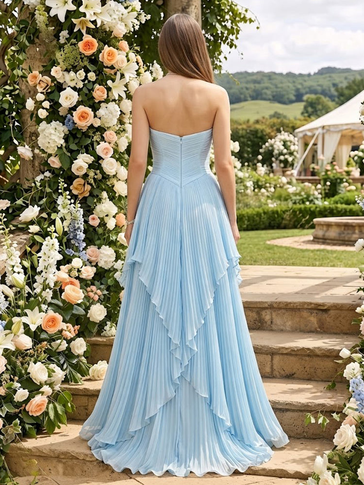 Chiffon A-Line Strapless Long Bridesmaid Dresses with Pleated