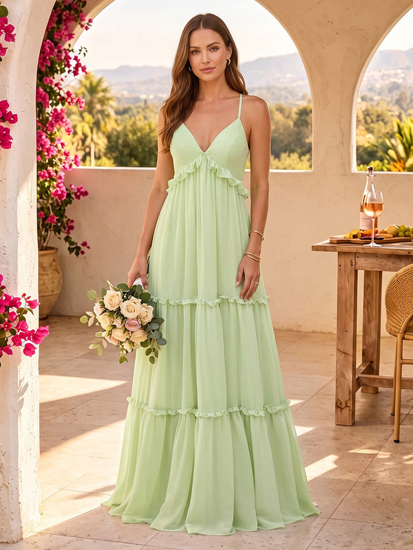 Chiffon A-Line Spaghetti Straps Long Bridesmaid Dresses with Pleated