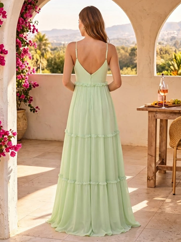 Chiffon A-Line Spaghetti Straps Long Bridesmaid Dresses with Pleated