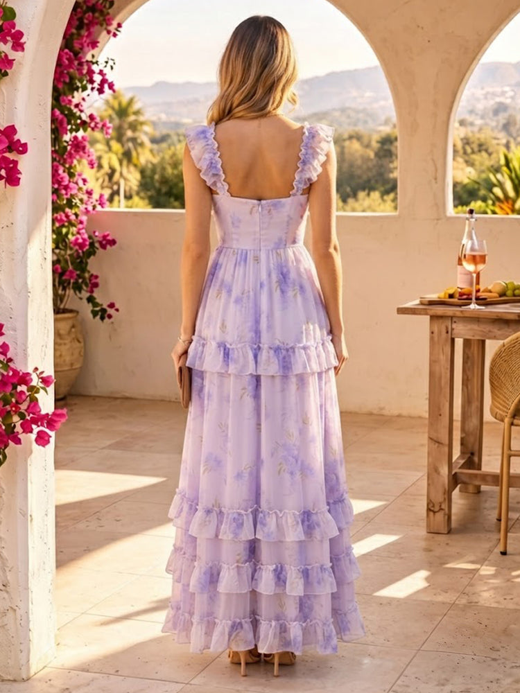 Chiffon Floral A-Line V Neck Long Bridesmaid Dresses with Tiered