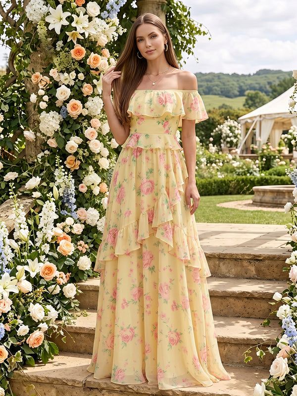 Chiffon Floral A-Line Off the Shoulder Long Bridesmaid Dresses with Ruffles