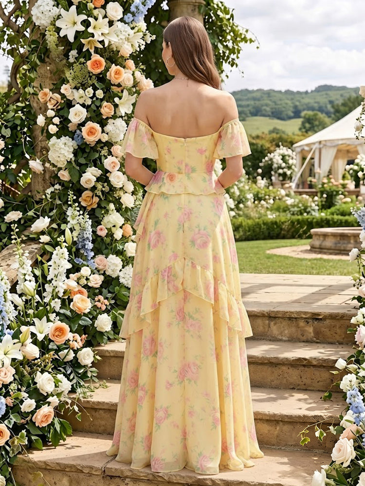 Chiffon Floral A-Line Off the Shoulder Long Bridesmaid Dresses with Ruffles