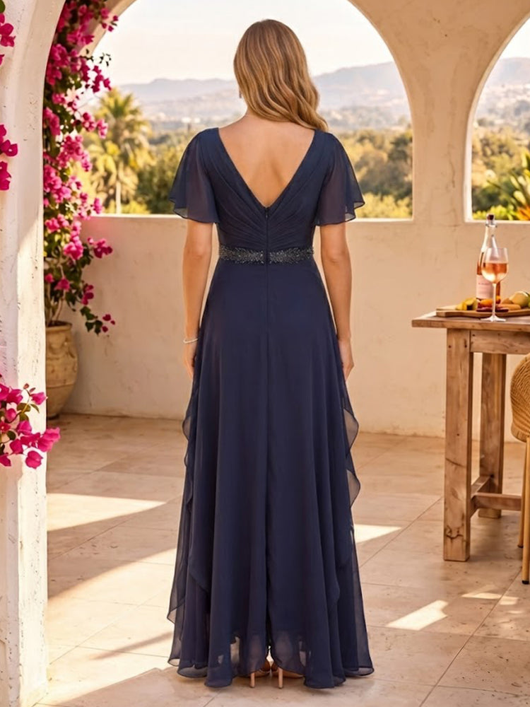Chiffon A-Line V Neck Long Bridesmaid Dresses with Ruffles