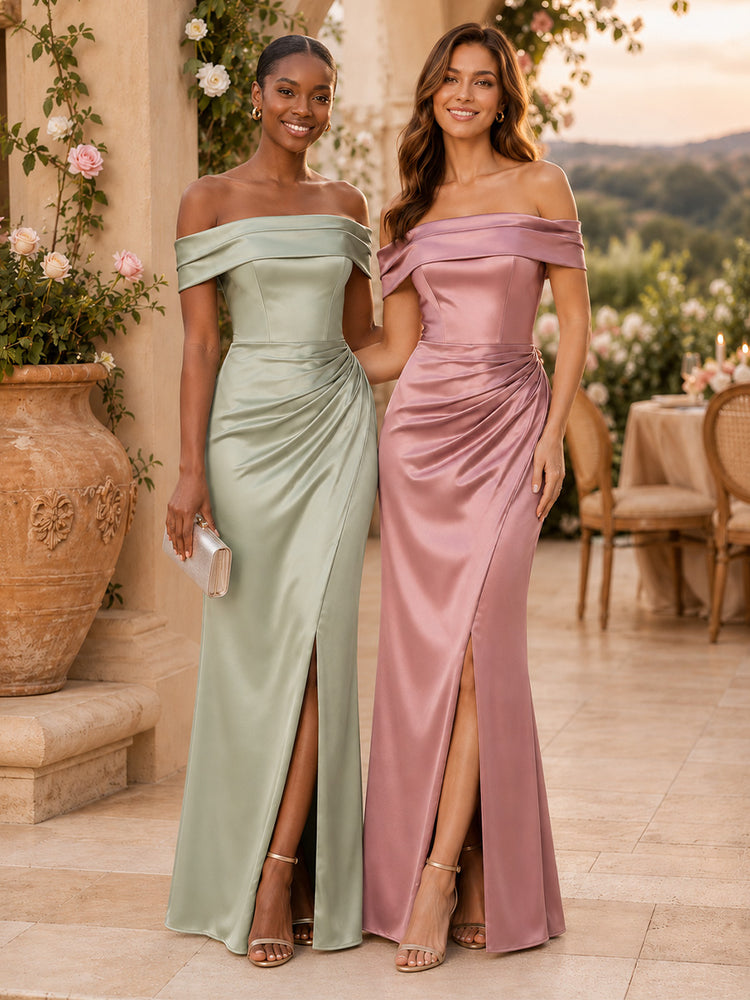 Satin Mermaid Off the Shoulder Long Bridesmaid Dresses with Slit