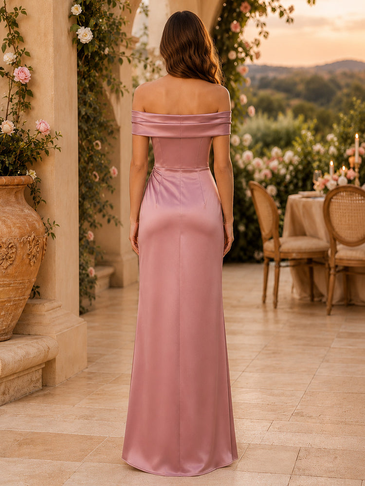 Satin Mermaid Off the Shoulder Long Bridesmaid Dresses with Slit