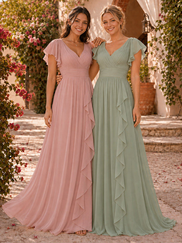 Chiffon A-Line V Neck Long Bridesmaid Dresses with Ruffles
