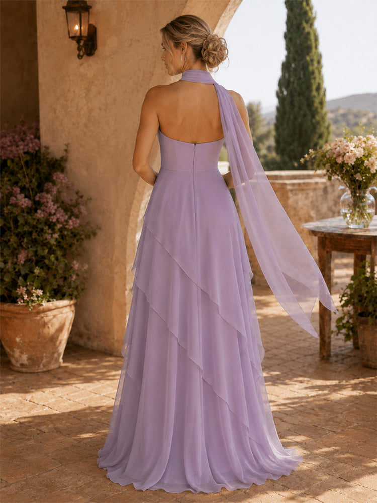Chiffon A-Line Strapless Long Bridesmaid Dresses with Scarf