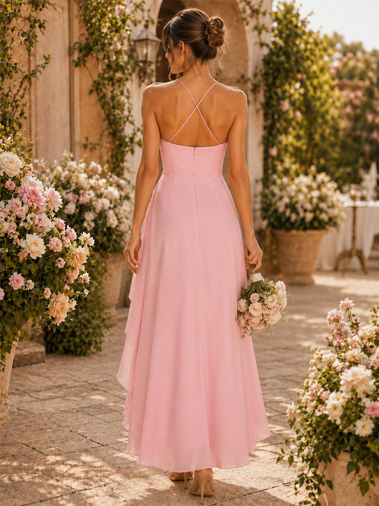 Satin Mermaid Spaghetti Straps Long Bridesmaid Dresses with Pleated