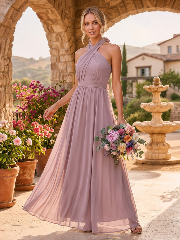 Chiffon A-Line Halter Long Bridesmaid Dresses with Pleated