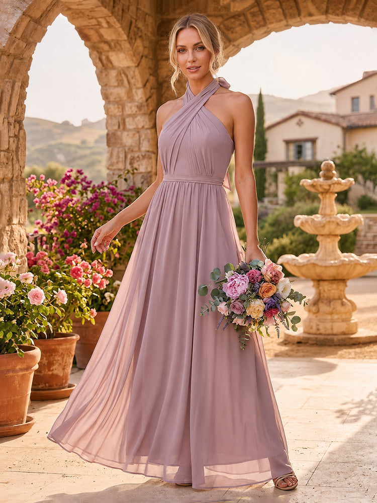 Chiffon A-Line Halter Long Bridesmaid Dresses with Pleated