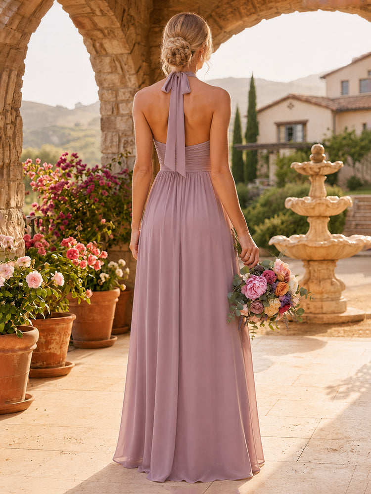 Chiffon A-Line Halter Long Bridesmaid Dresses with Pleated
