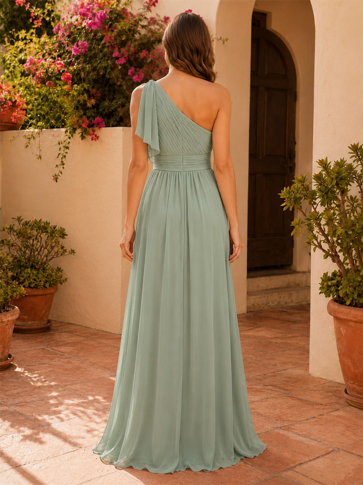 Chiffon A-Line One Shoulder Long Bridesmaid Dresses with Ruffles