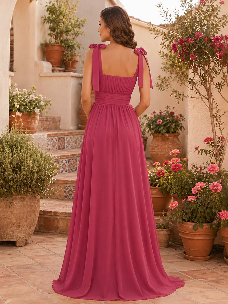 Chiffon A-Line Square Neck Long Bridesmaid Dresses with Slit