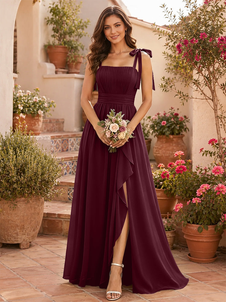 Chiffon A-Line Square Neck Long Bridesmaid Dresses with Slit